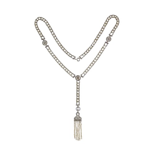 Art Deco diamond and pearl fringe-tassel sautoir necklace, French c.1925, the ladder style pearl chain necklace with pendant line to front,